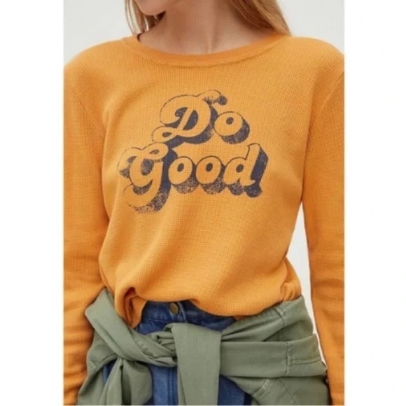 Anthropologie Back When "Do Good" Waffle Thermal Long Sleeve Top in Mustard M - Picture 2 of 8
